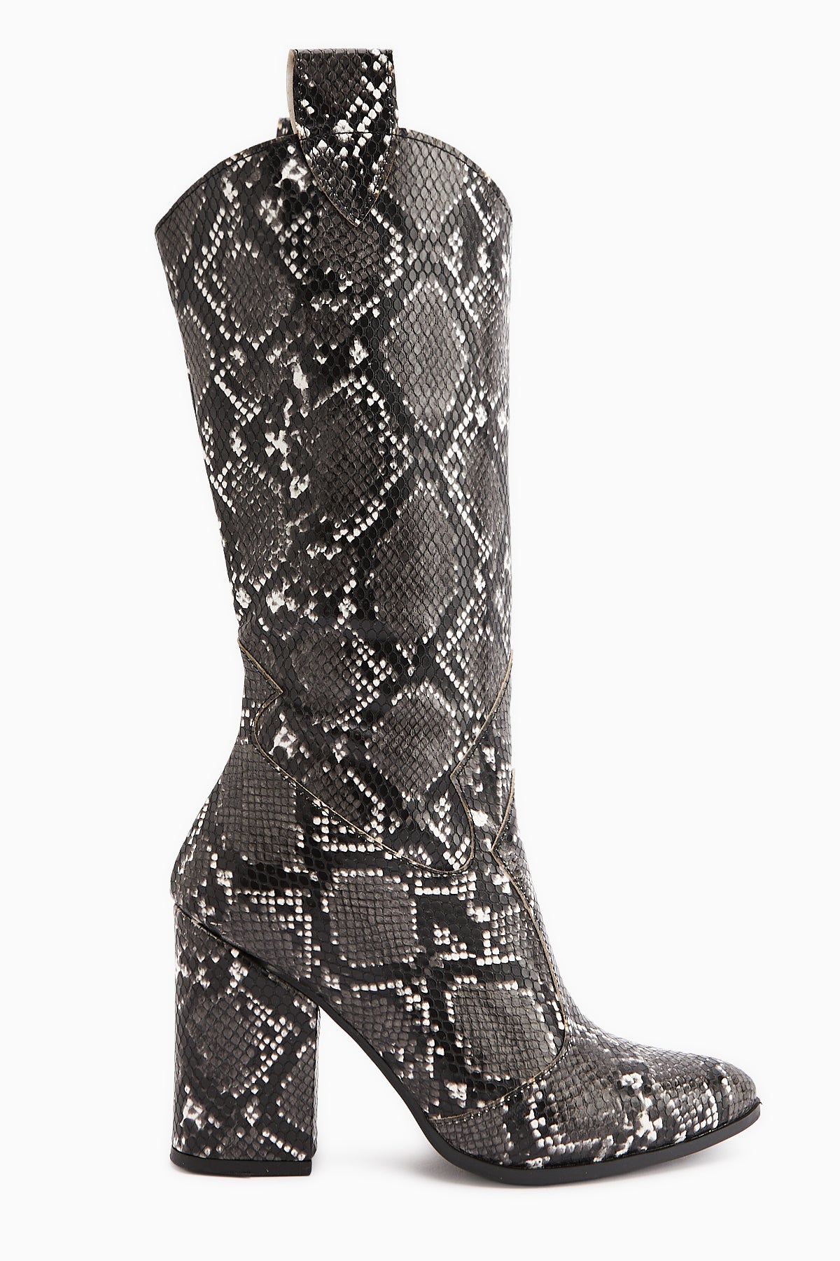 Keri Black Snake Pattern Asymmetrical Cut Women’s Short Heeled Boots