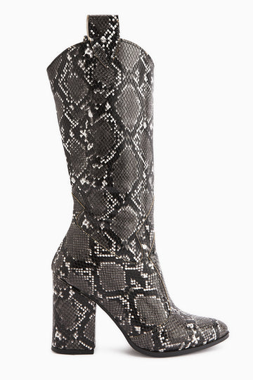 Keri Black Snake Pattern Asymmetrical Cut Women’s Short Heeled Boots