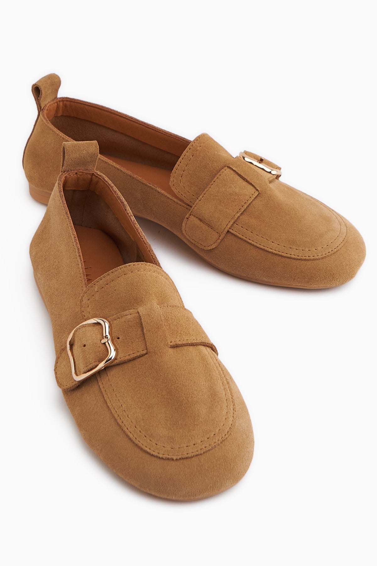 Oliva Genuine Leather Tan Buckled Women’s Ballet Flats