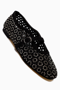 Nicki Black Suede Oval Toe with Perforated Stone Detail Single Strap Casual Women's Shoe