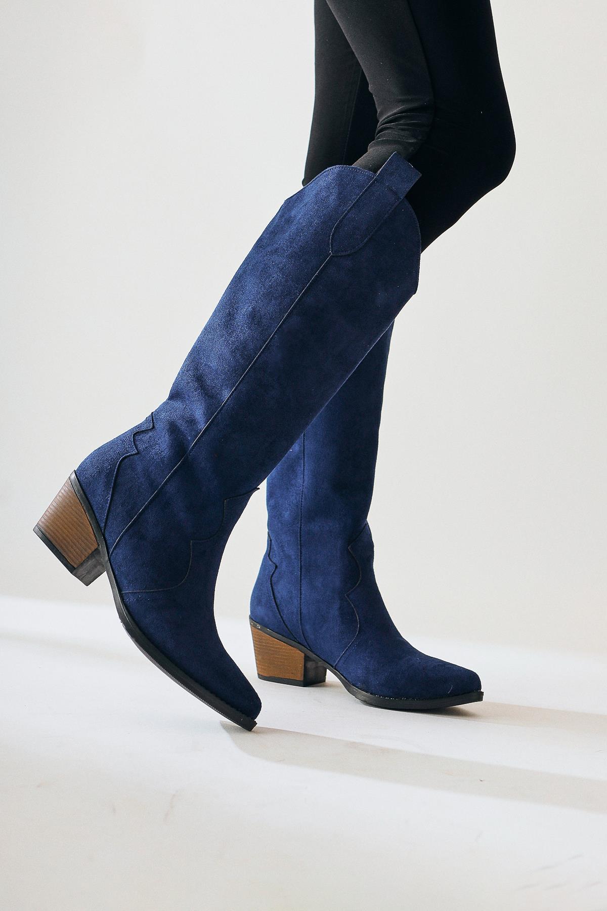 Lhena – Navy Suede Western Pull-On Knee-High Boot (Women)