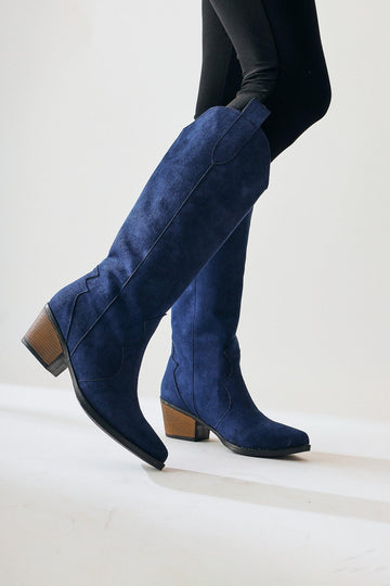 Lhena – Navy Suede Western Pull-On Knee-High Boot (Women)