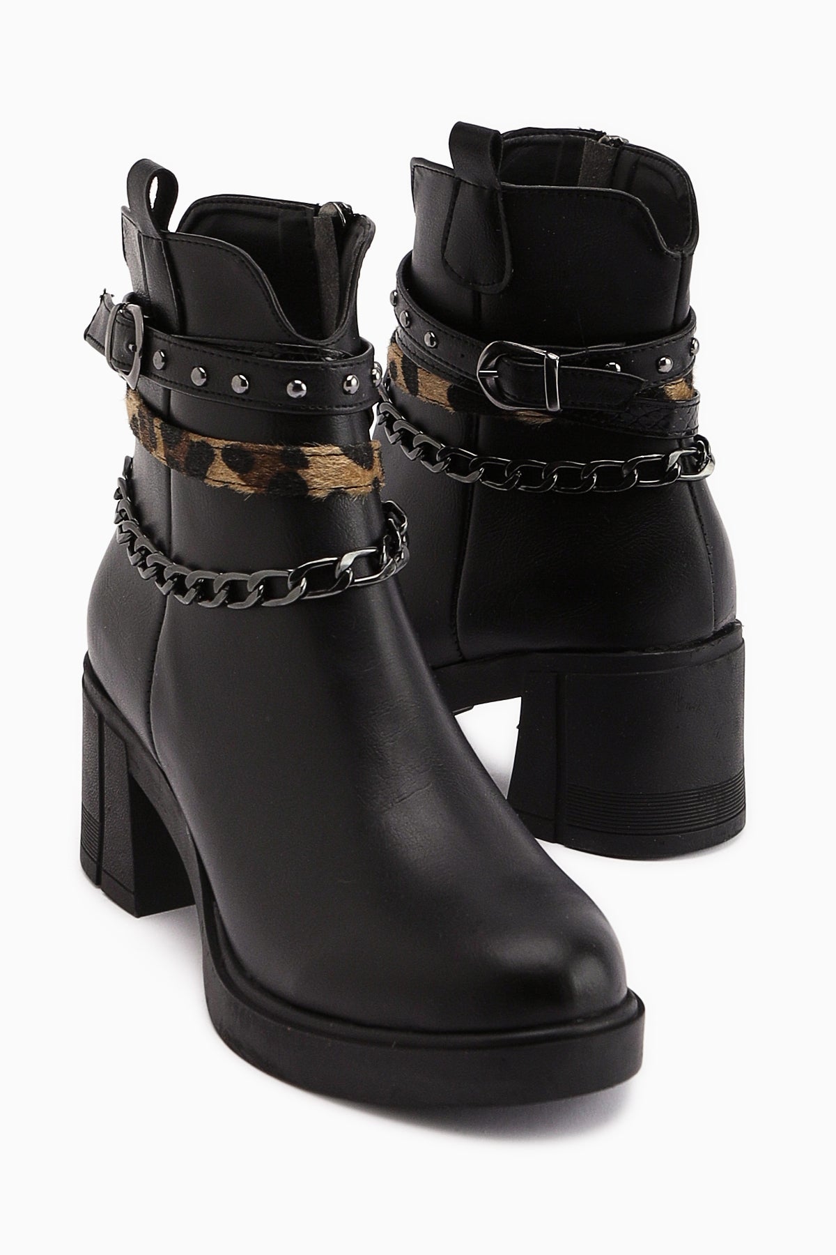 Anissa - Black Chain-and-Belt-Detail Block Heel Boot (Women)