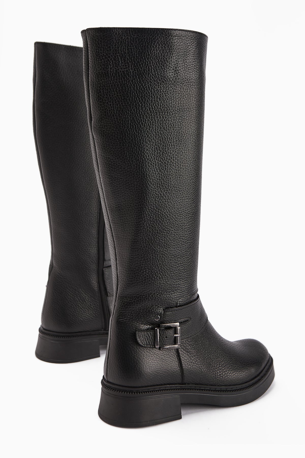 Penda Genuine Leather Black Buckle Detail Women's Zippered Boot