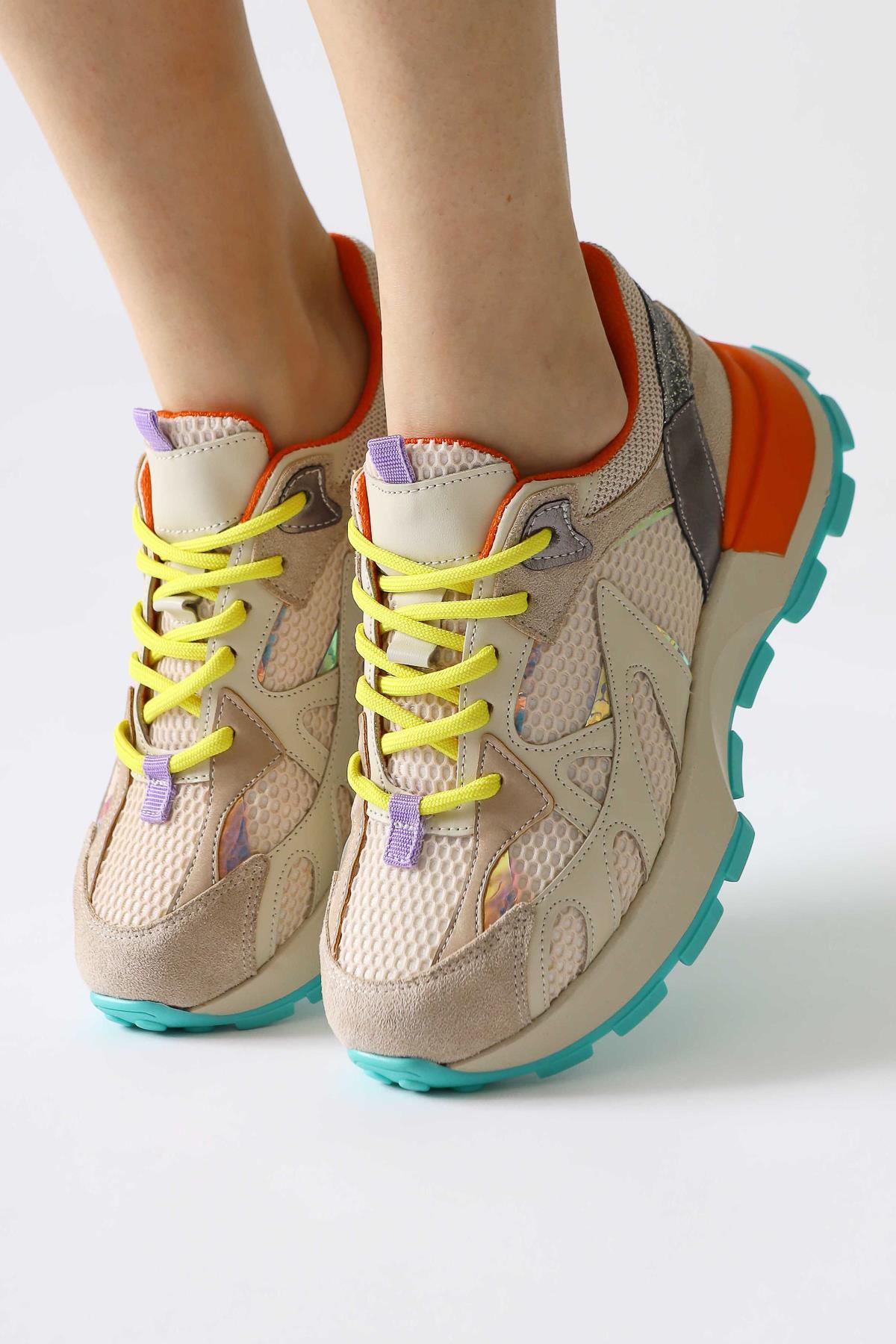 Moe Beige Lace-Up Sneakers with Mesh Detail