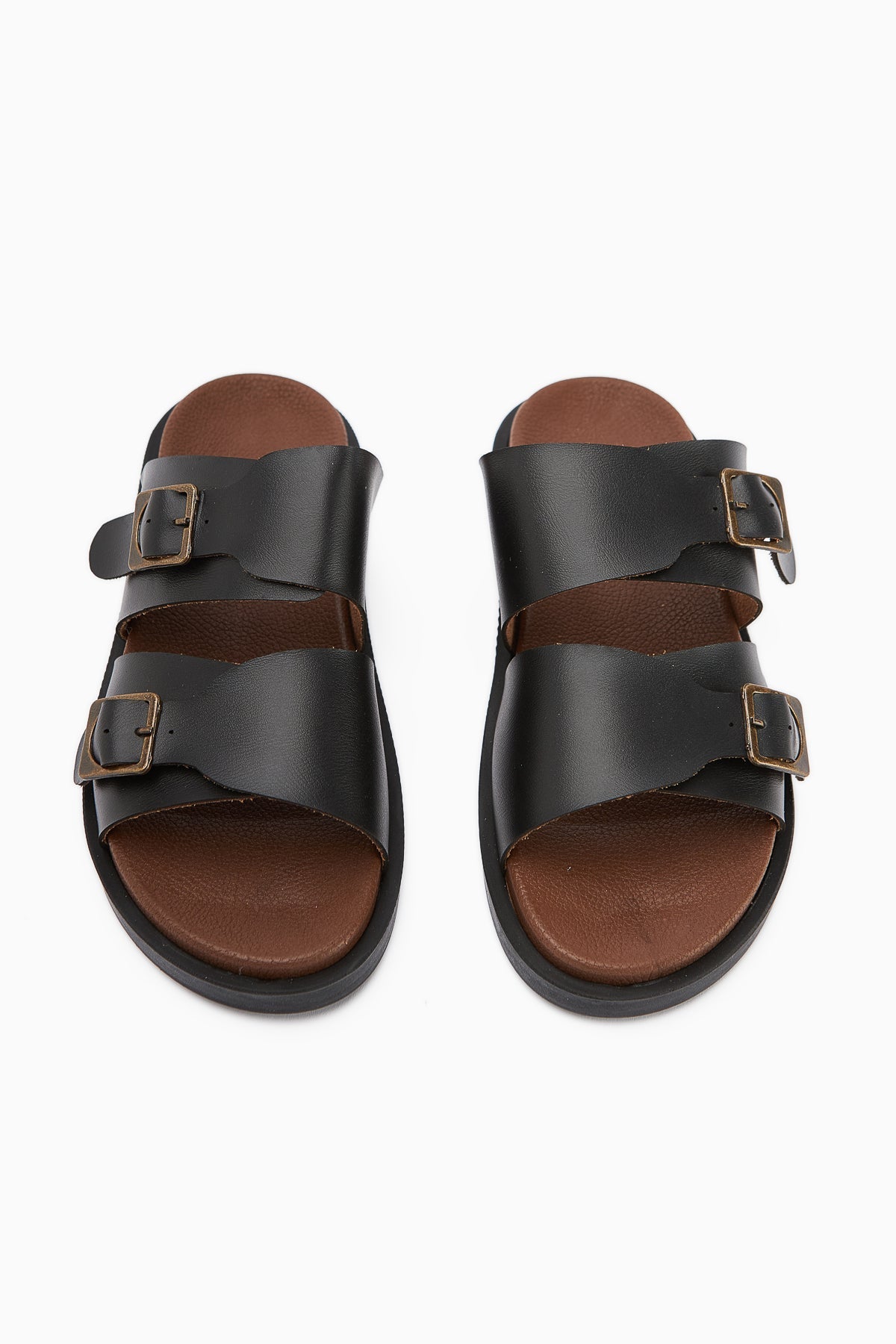 Soha – Black Leather-Look Double-Strap Flat Sole Slide (Women)