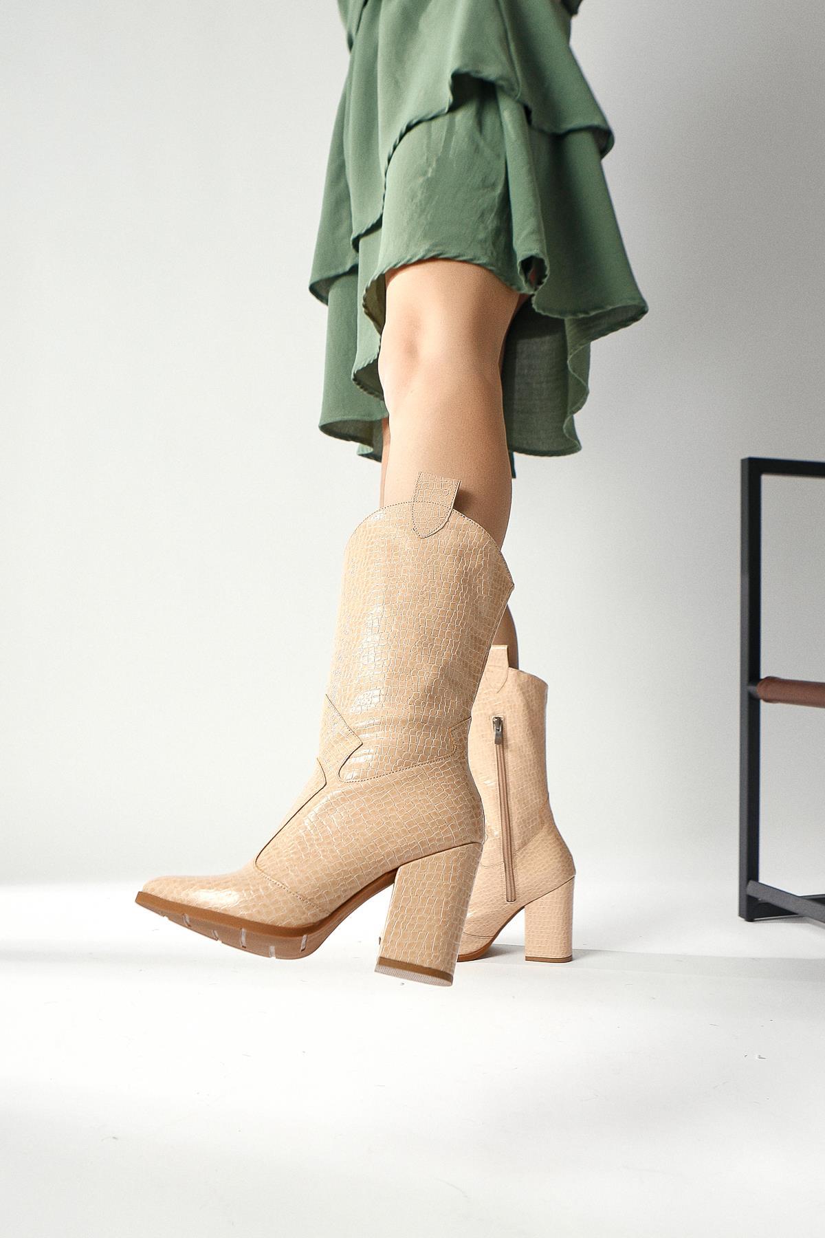 Keri – Beige Croc-Embossed Asymmetric-Cut Heeled Knee-High Boot (Women)