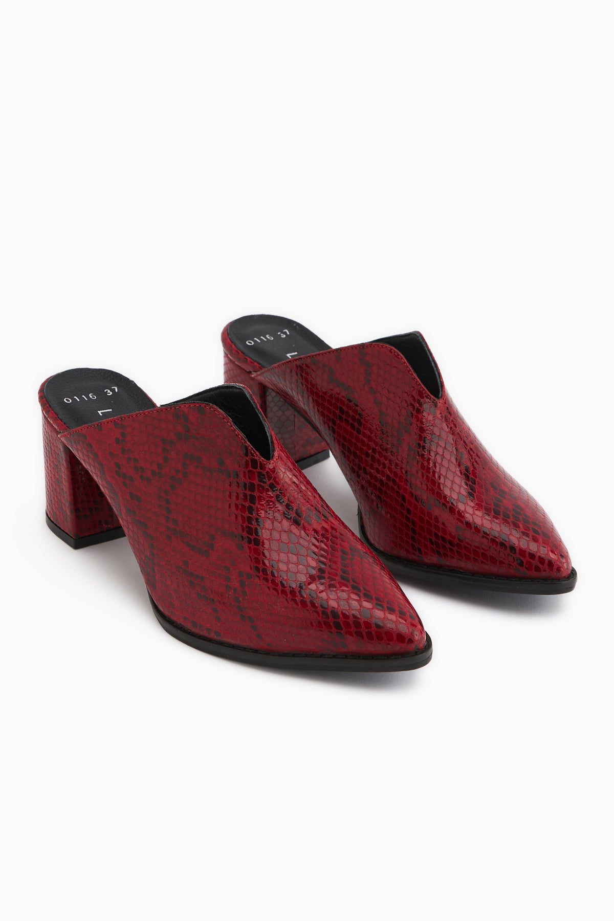 Rachel Genuine Leather Red Snake Pattern Women’s Heeled Slippers