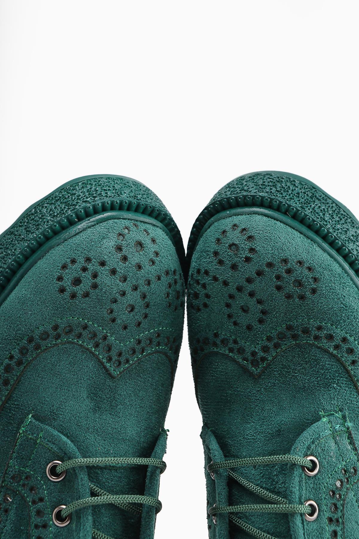 Rossy Green Suede Casual Shoes with Oval Toe and Laser Cut Detail