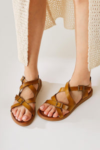 Belize Genuine Leather Mustard Cross-Strap Sandal