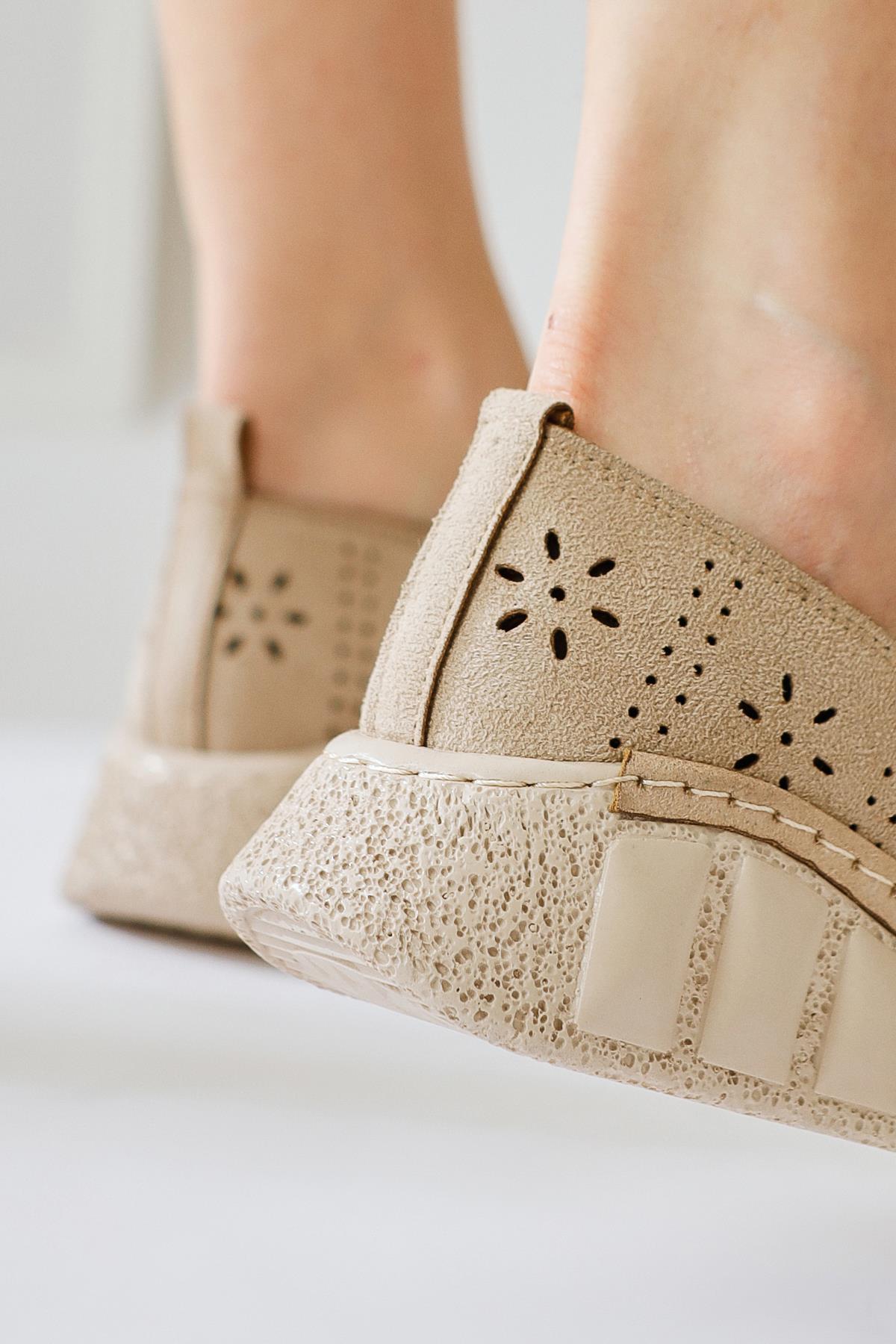 Bethina Beige Suede Studded Laser Cut Flat