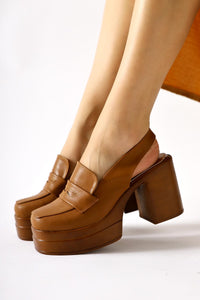 Neval Genuine Leather – Cognac Platform Heel Cut-Out Everyday Shoe (Women)