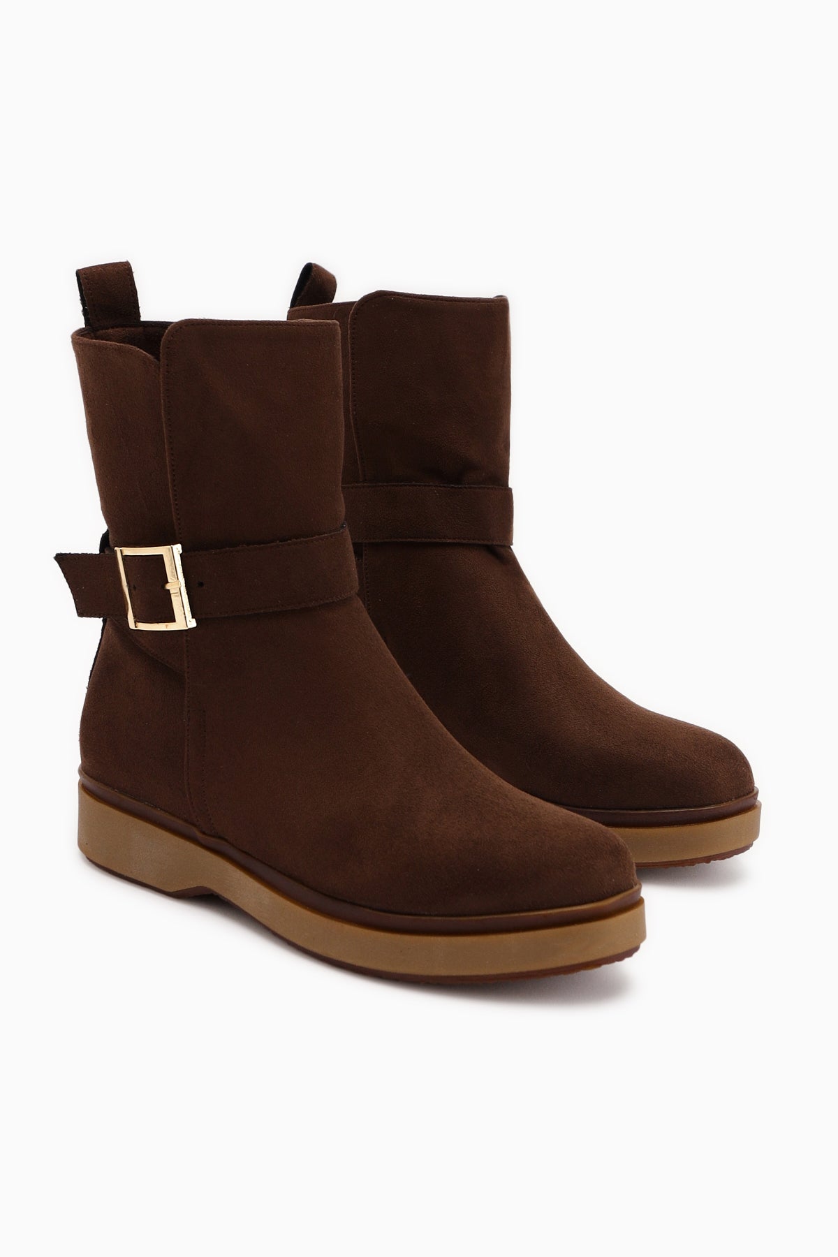 Behnoush Brown Suede Oval Toe Buckle Detail Boot