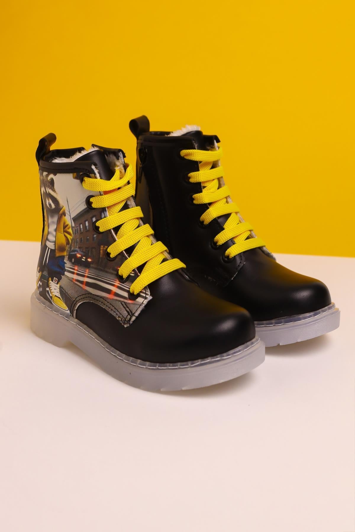 Karla Black Striped Character Print Lace-Up Light-Up Kids Boots