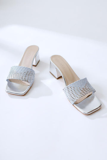 Lemonie Silver Woven Strap Slide with Low Heel