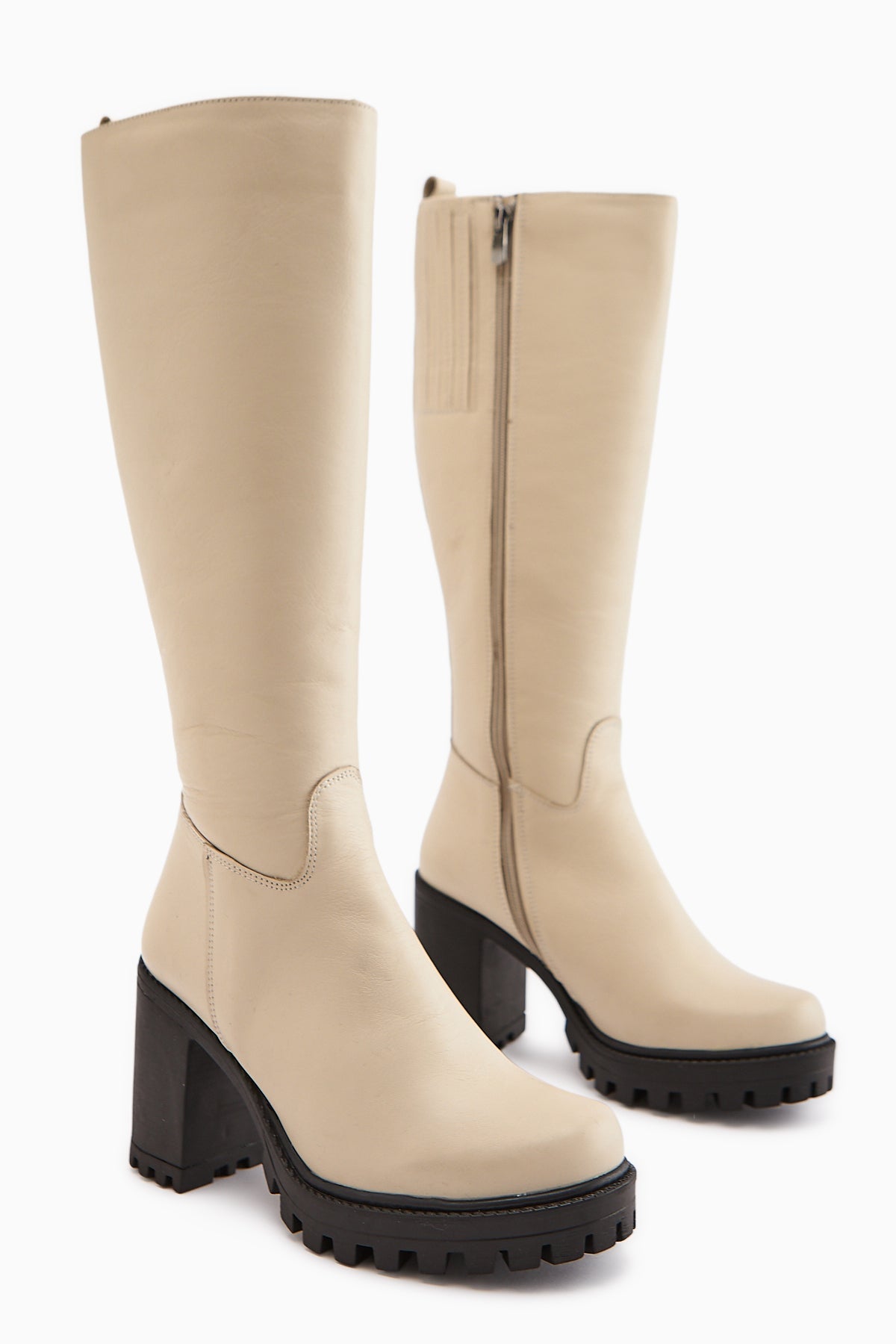 Ella Genuine Leather – Beige Platform Heeled Knee-High Boot (Women)