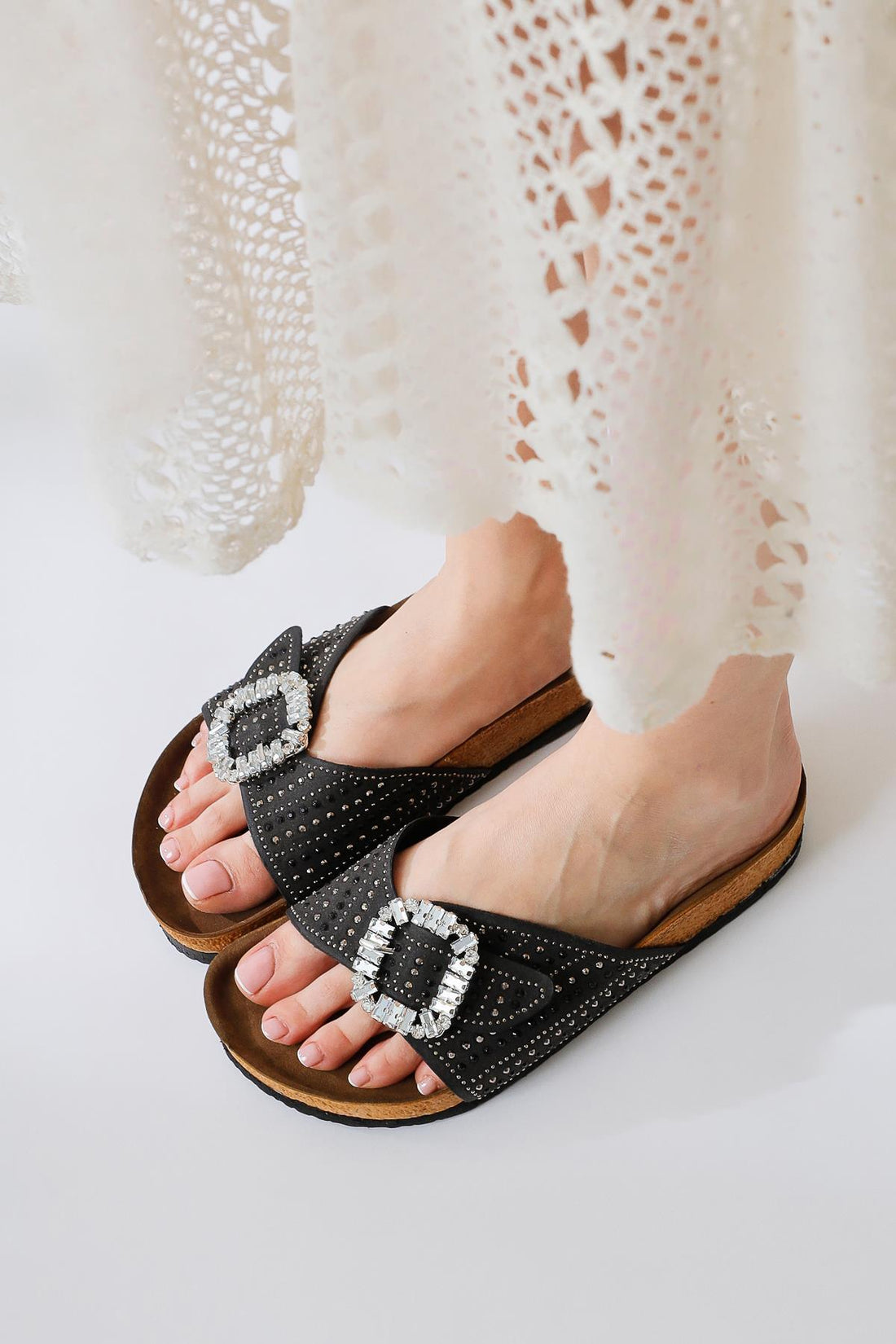 Carolinne Black Single Strap Slide with Gemstone Detail and Buckle