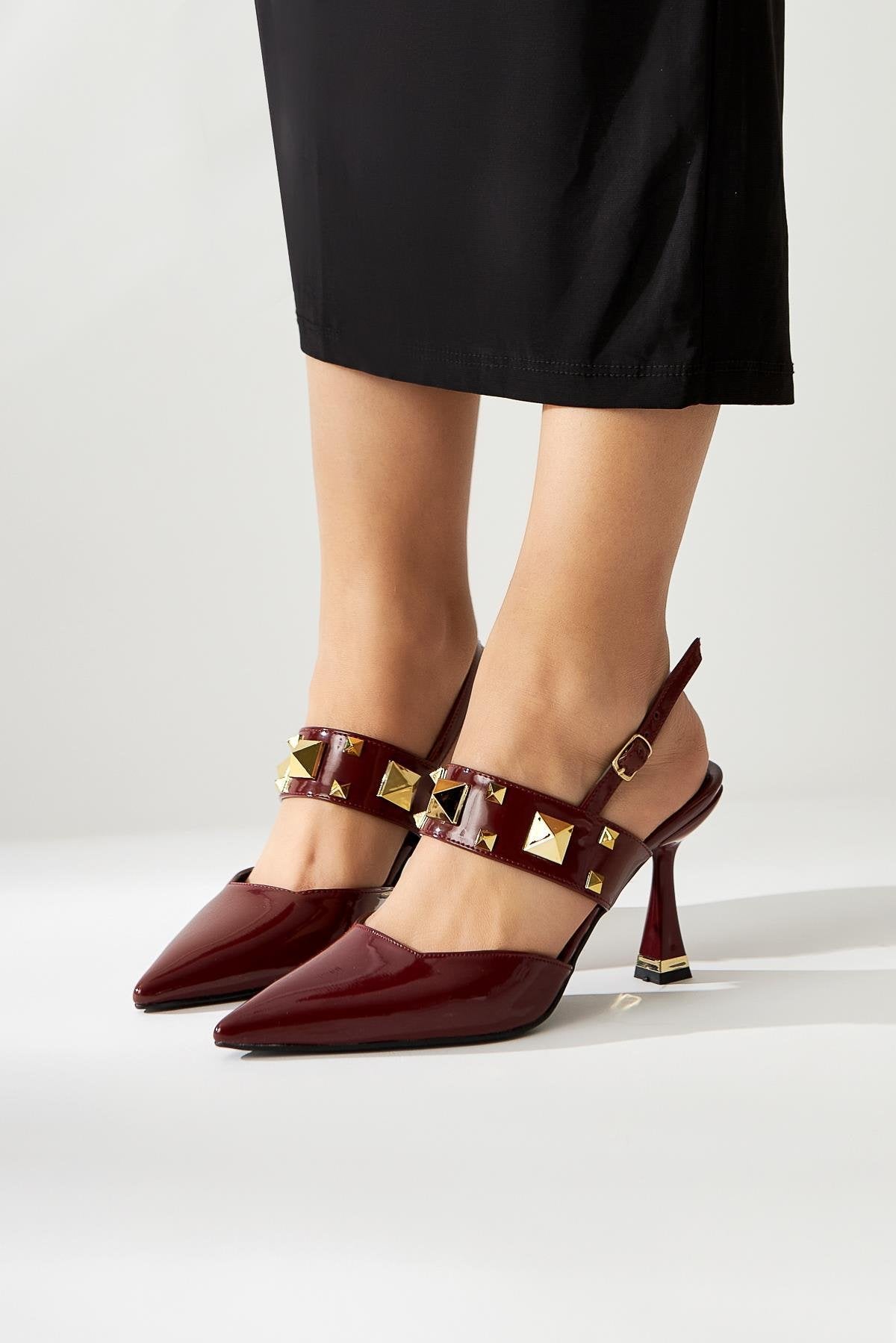 Yasemin Burgundy Patent Closed Toe Heeled Women’s Shoes