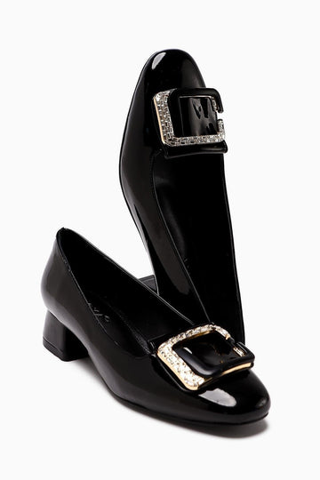 Roza – Black Patent Stone-Embellished Low-Heeled Shoe (Women)