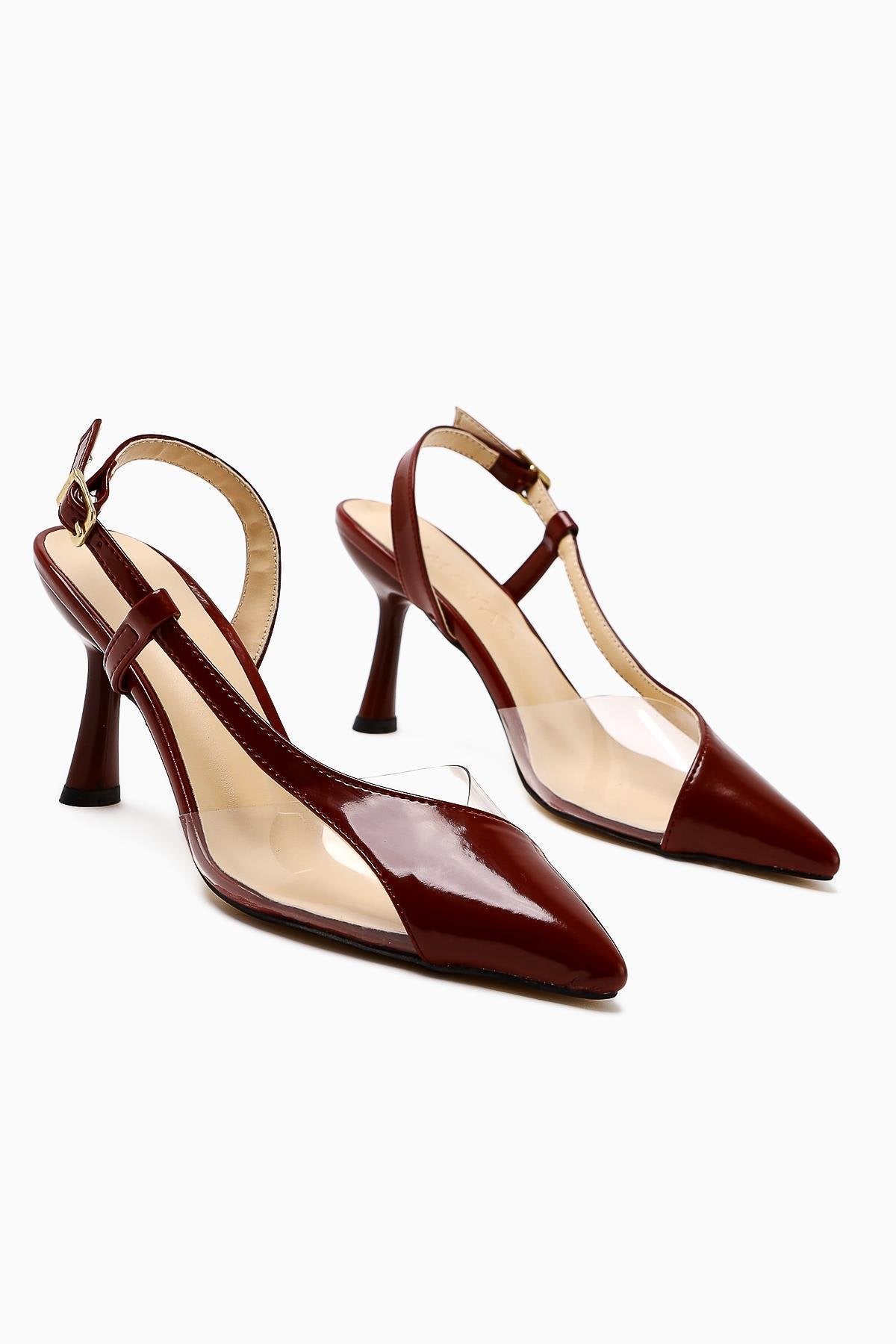 Aliah Burgundy Patent Leather Pointed Toe Pumps with Transparent Detail