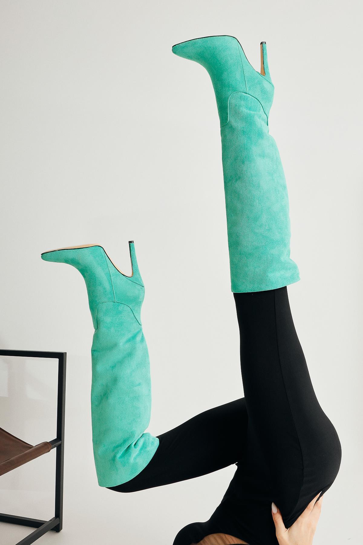 Nenya – Green Suede Pattern Pointed-Toe Slim Heel Over-The-Knee Boot (Women)