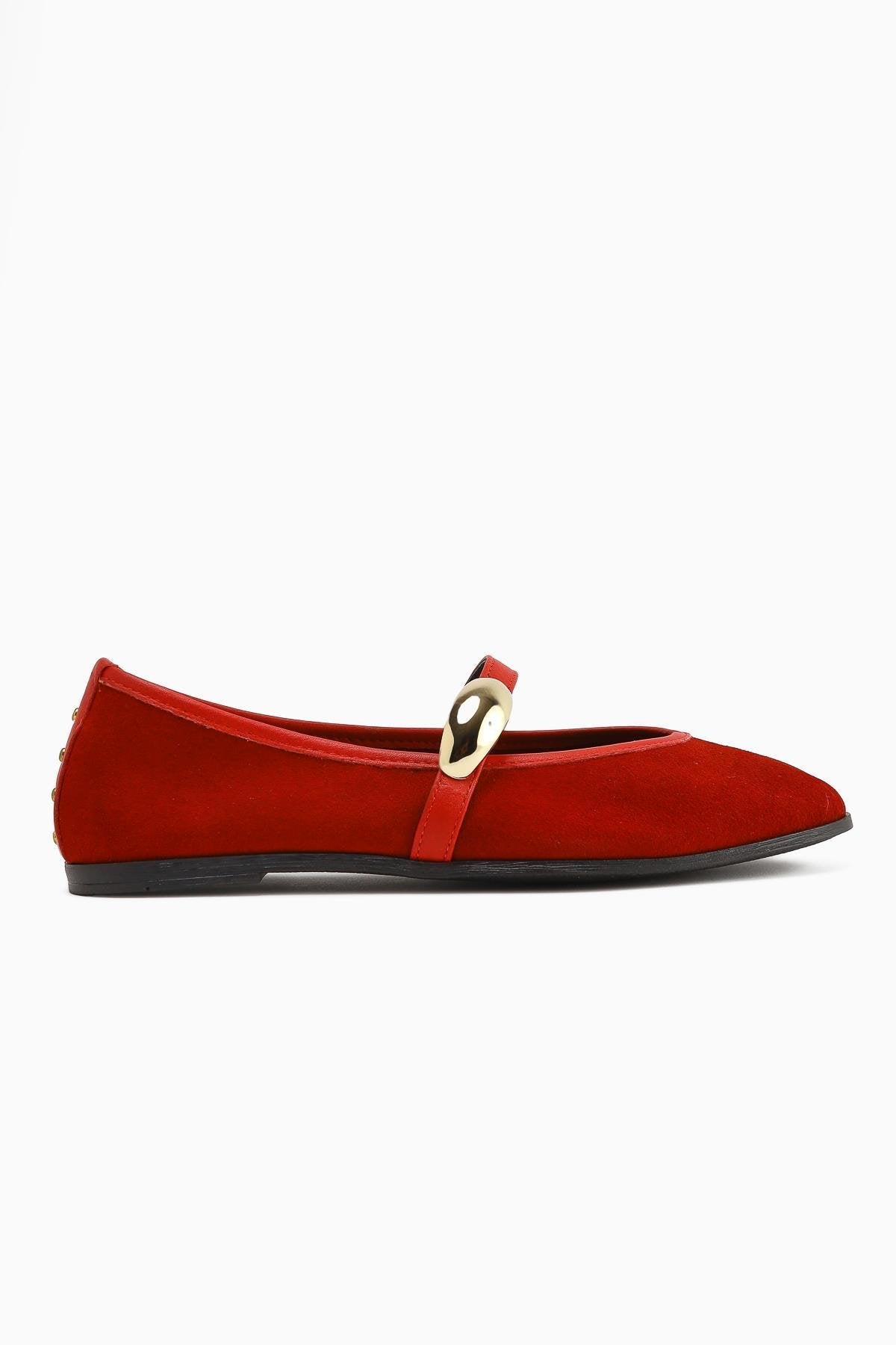 Aliana Genuine Leather – Red Suede Buckle-Detail Ballet Flat (Women)