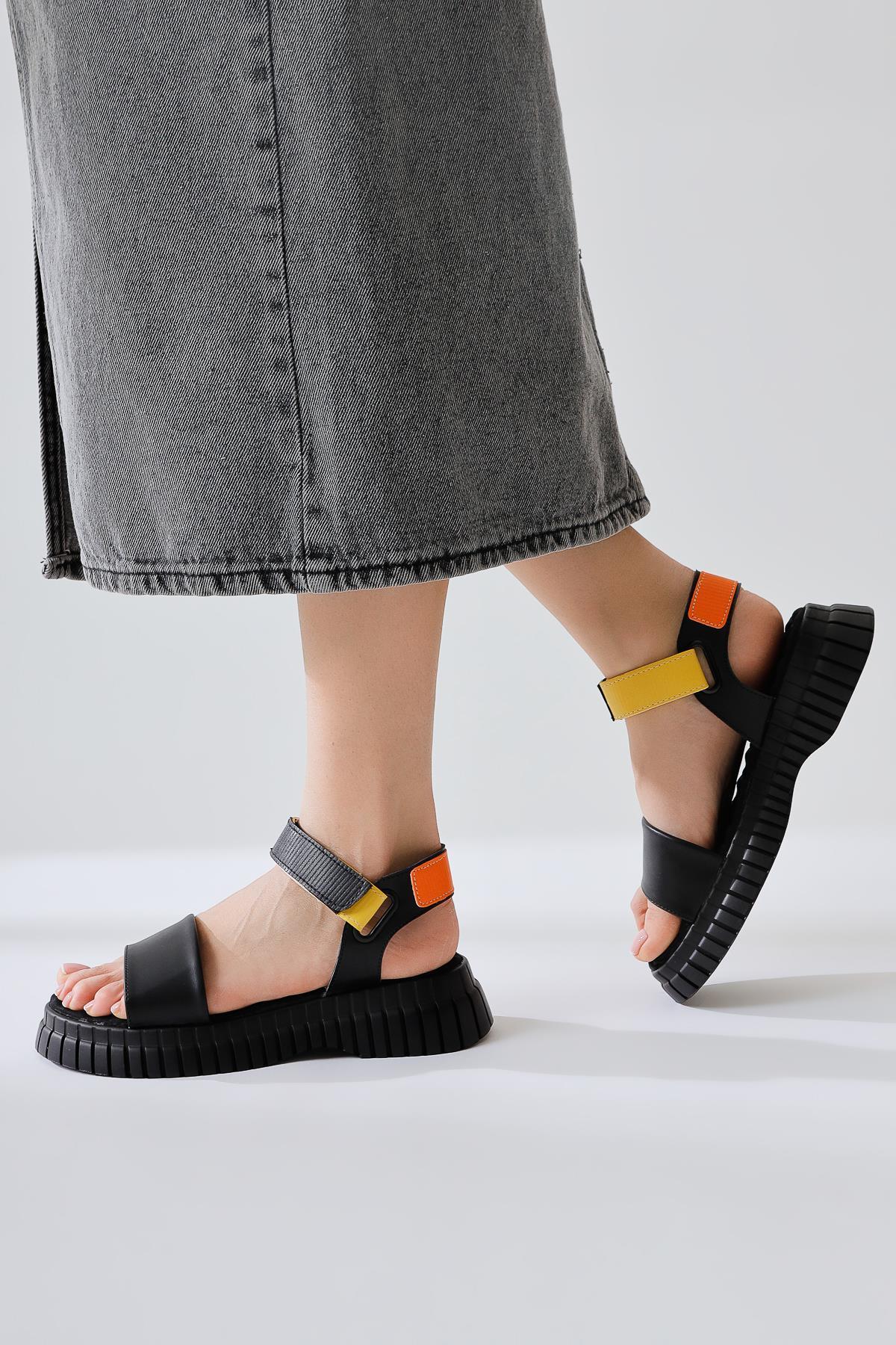 Jeny Black Thick Strap Velcro Comfort Sole Sandals