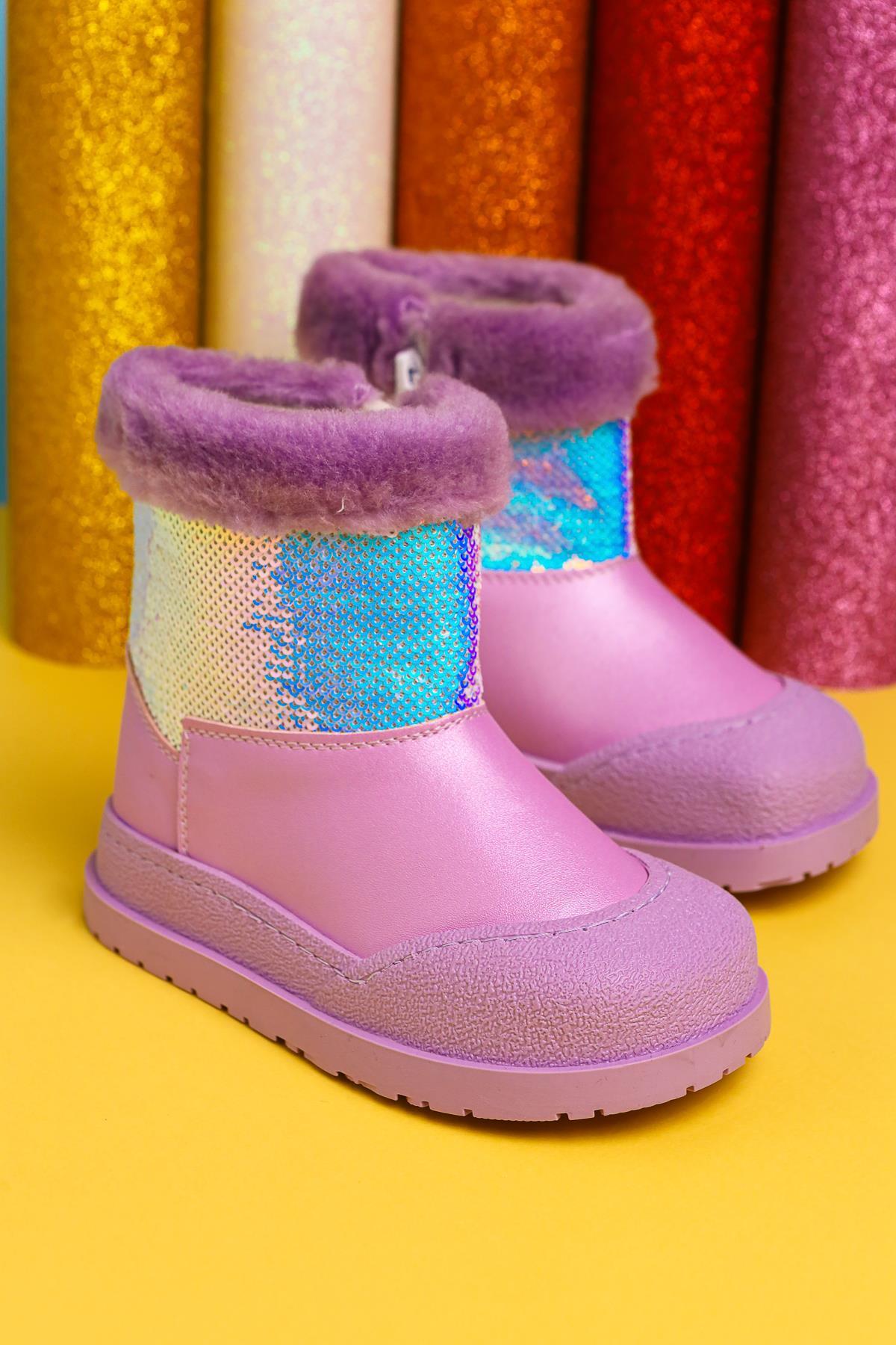 Hanne Lilac Sequined Fur-Lined Kids' Boots