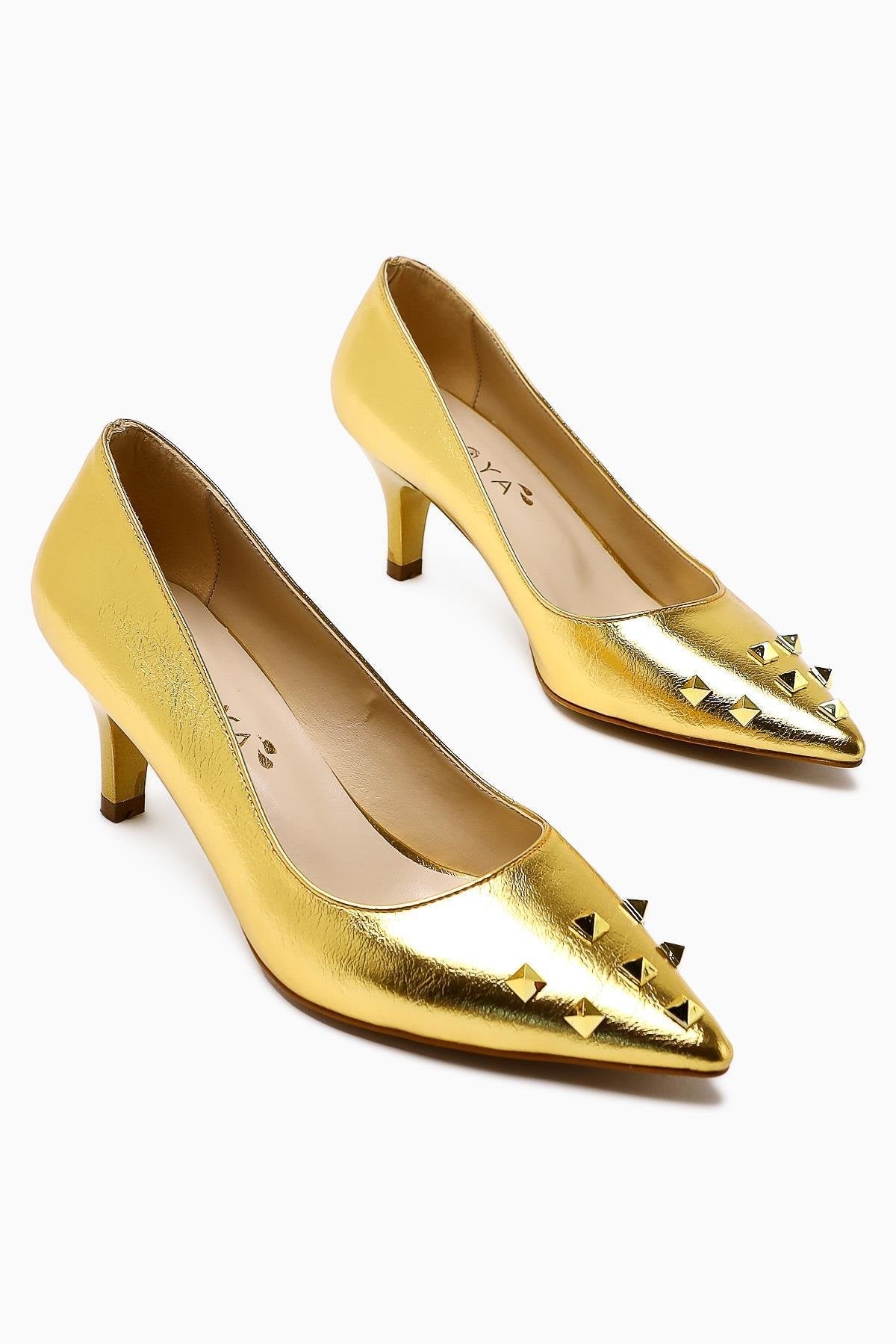 Anni – Gold Shiny Crinkled Patent Pyramid-Studded Heeled Shoe (Women)