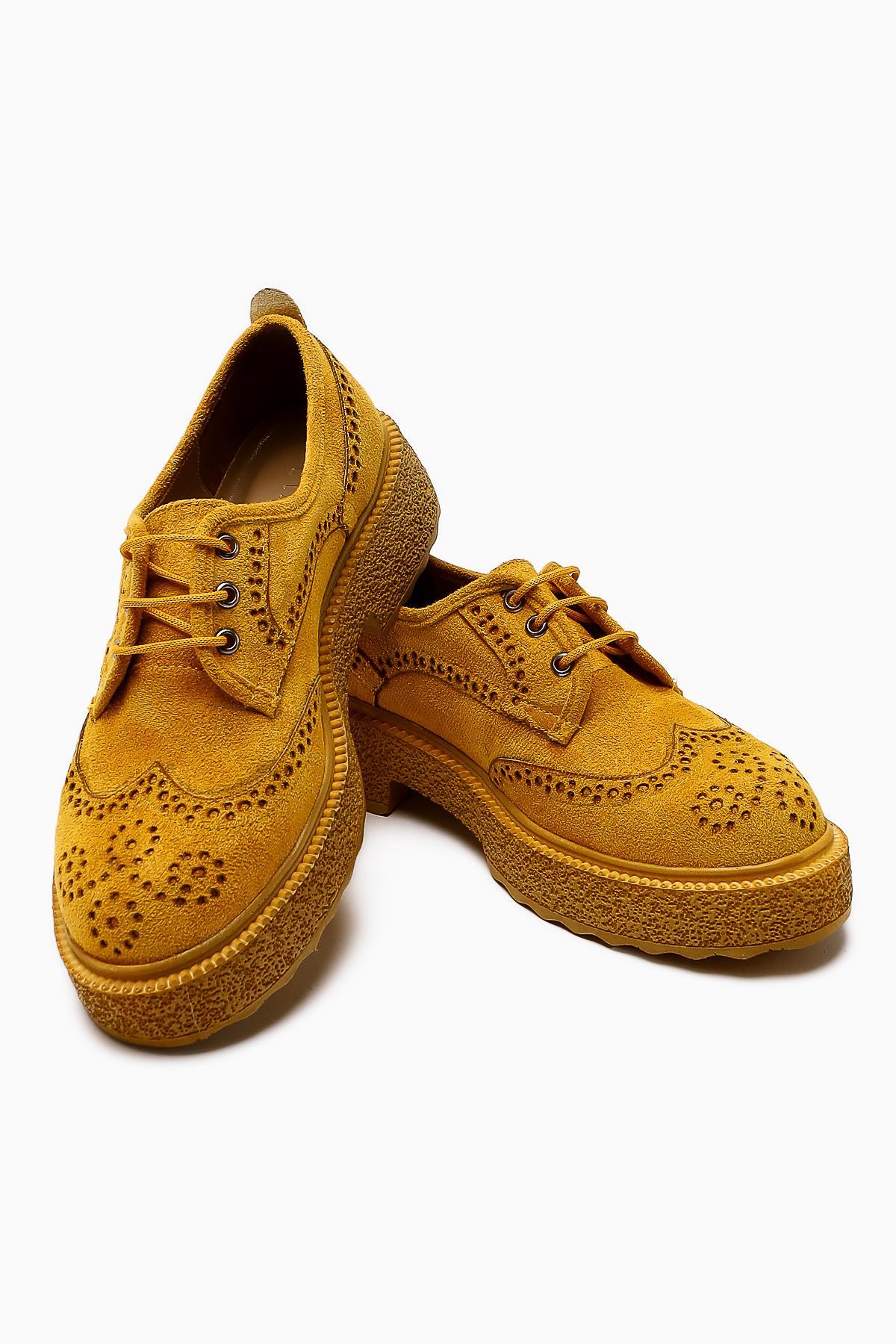 Rossy – Mustard Suede Round-Toe Laser-Cut Casual Shoe (Women)