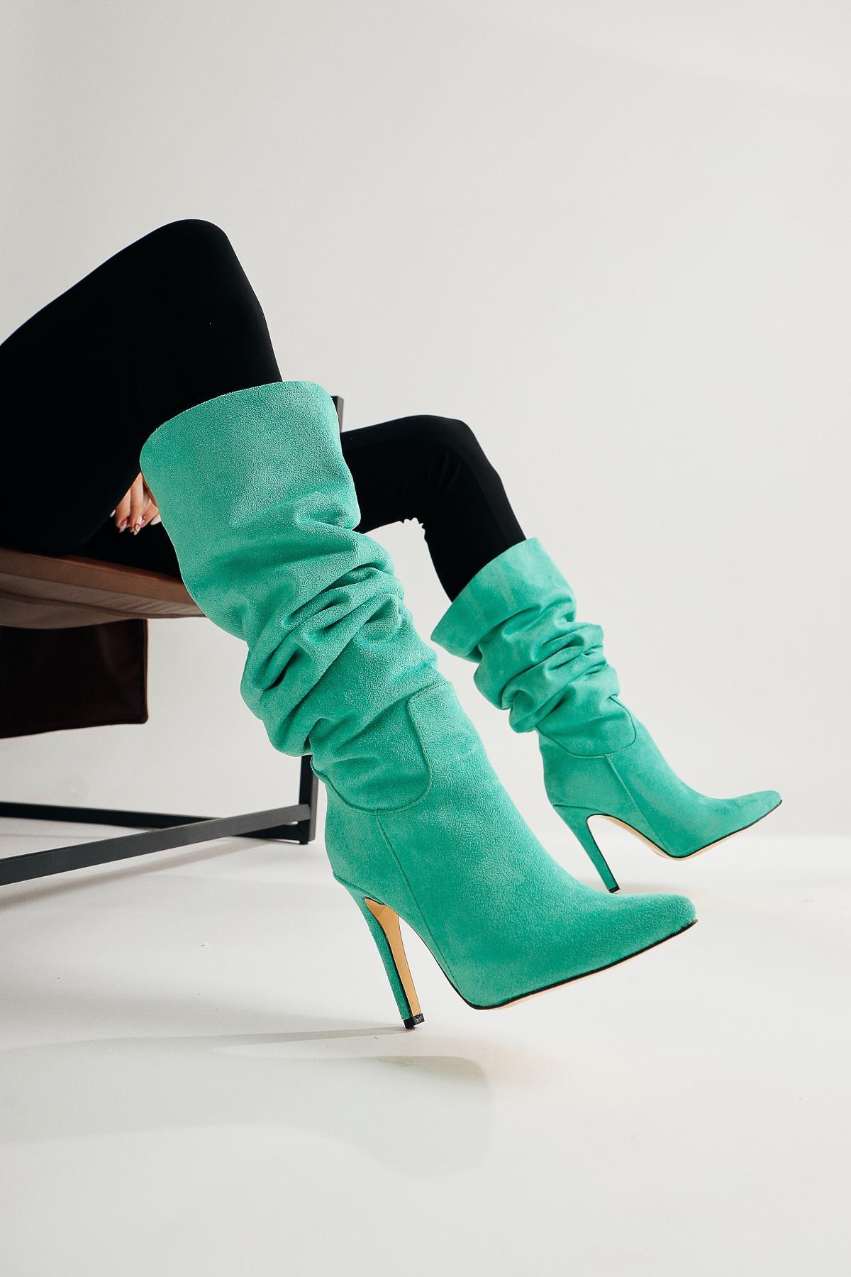 Nenya – Green Suede Pattern Pointed-Toe Slim Heel Over-The-Knee Boot (Women)
