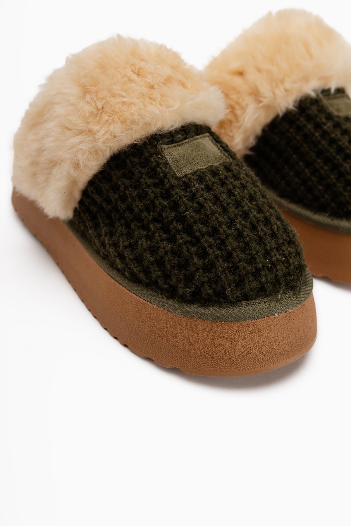 Mariza Khaki Plush Knit Fur Lined Women’s Slippers