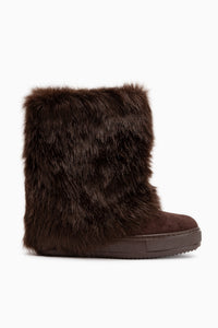 Randi Brown Suede Hidden Wedge Feathered Boots