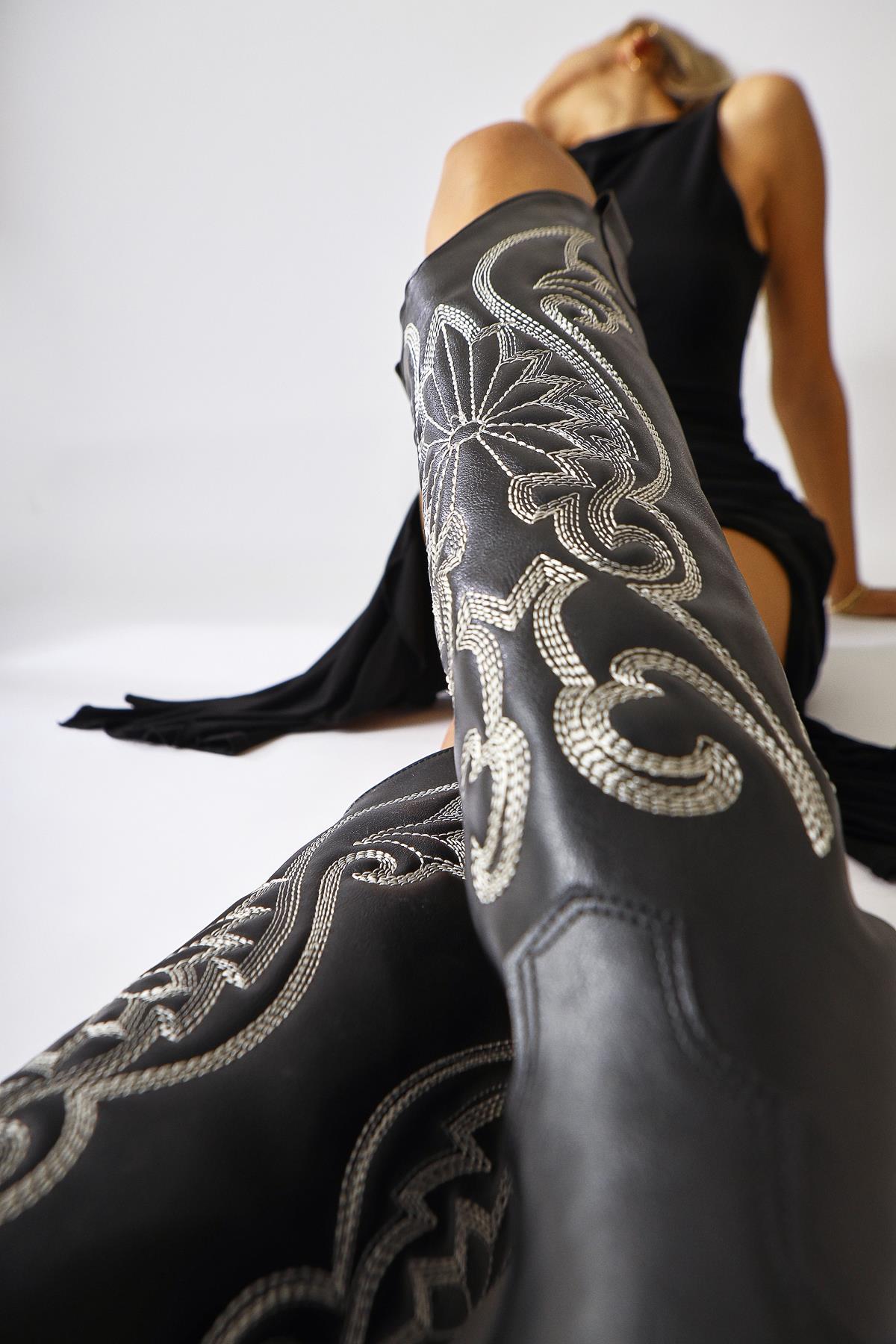 Dani – Black Embroidery-Detail Pointed-Toe Western Knee-High Boot (Women)