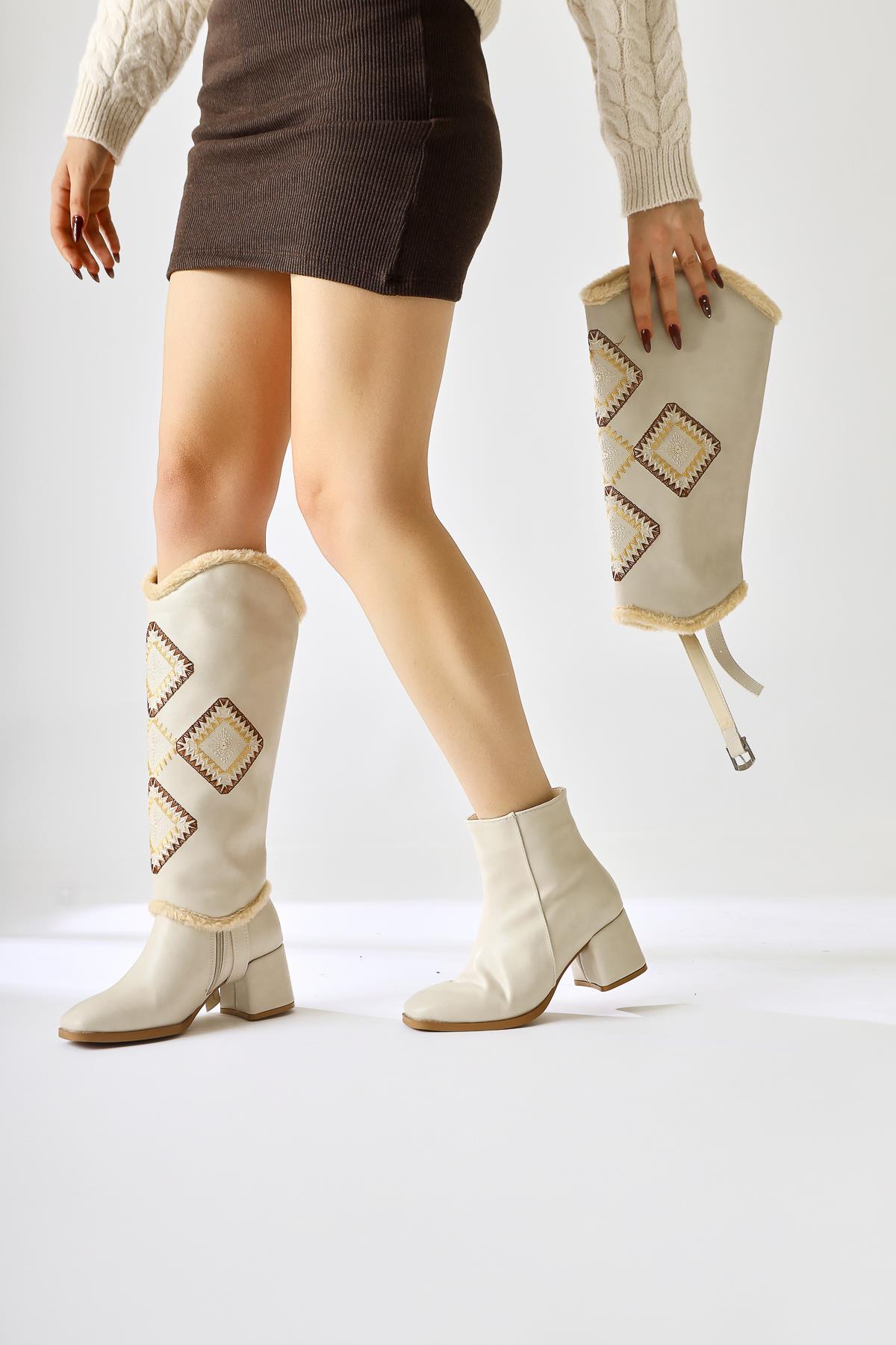 Hilka Nude Ethnic Patterned Boot with Removable Tassel
