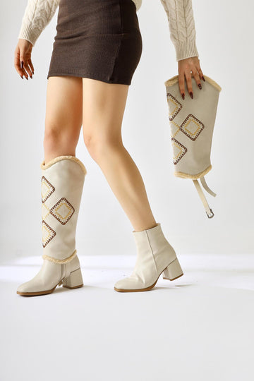 Hilka Nude Ethnic Patterned Boot with Removable Tassel