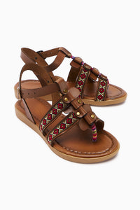 Genuine Leather Heam Tan Ethnic Patterned Women’s Sandal