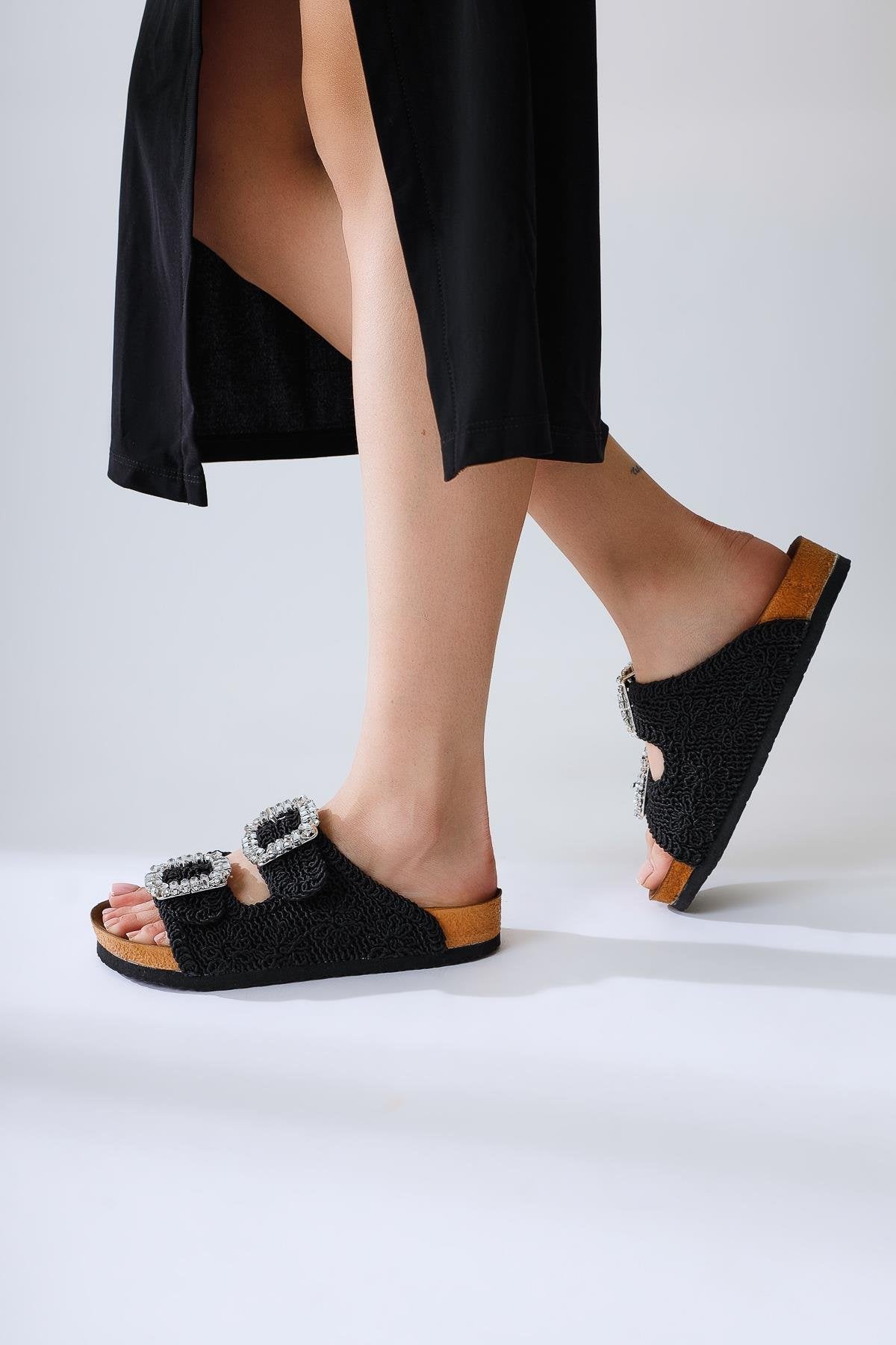 Ellina Black Double Strap Gemstone Buckle Detail Woven Slipper
