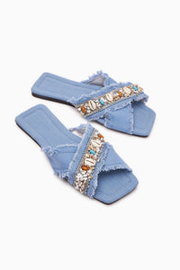 Felisa Blue Stone and Sea Shell Embellished Bohemian Women's Slippers