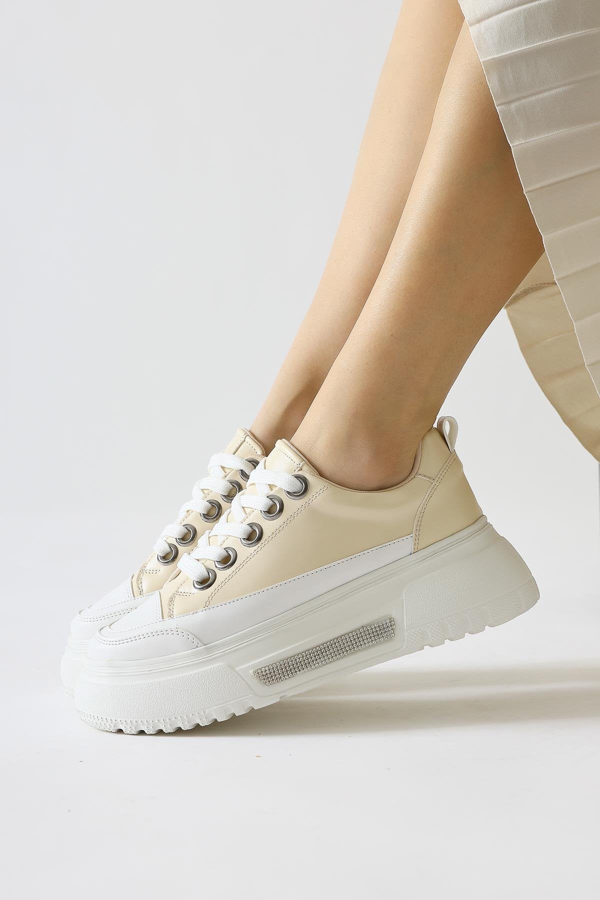 Rosella Beige Thick Sole Stone Detailed Lace-up Sneakers