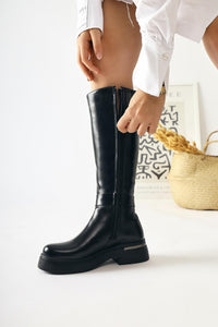 Lani Black Patent Leather Chunky Heeled Boots with Buckle and Stud Details