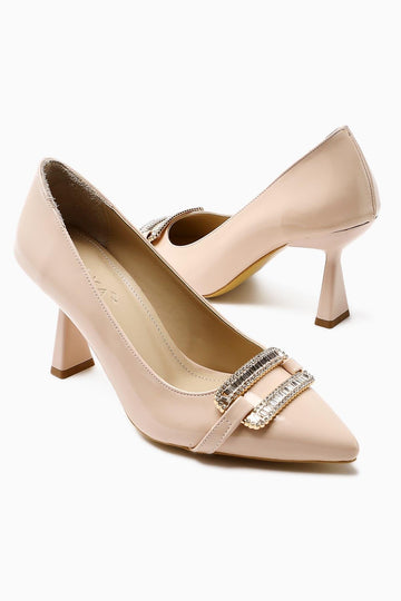 Ania Beige Patent Leather Pointed Toe Heels with Jewel Buckle Detail