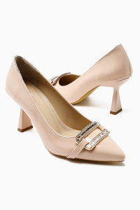 Ania Beige Patent Leather Pointed Toe Heels with Jewel Buckle Detail
