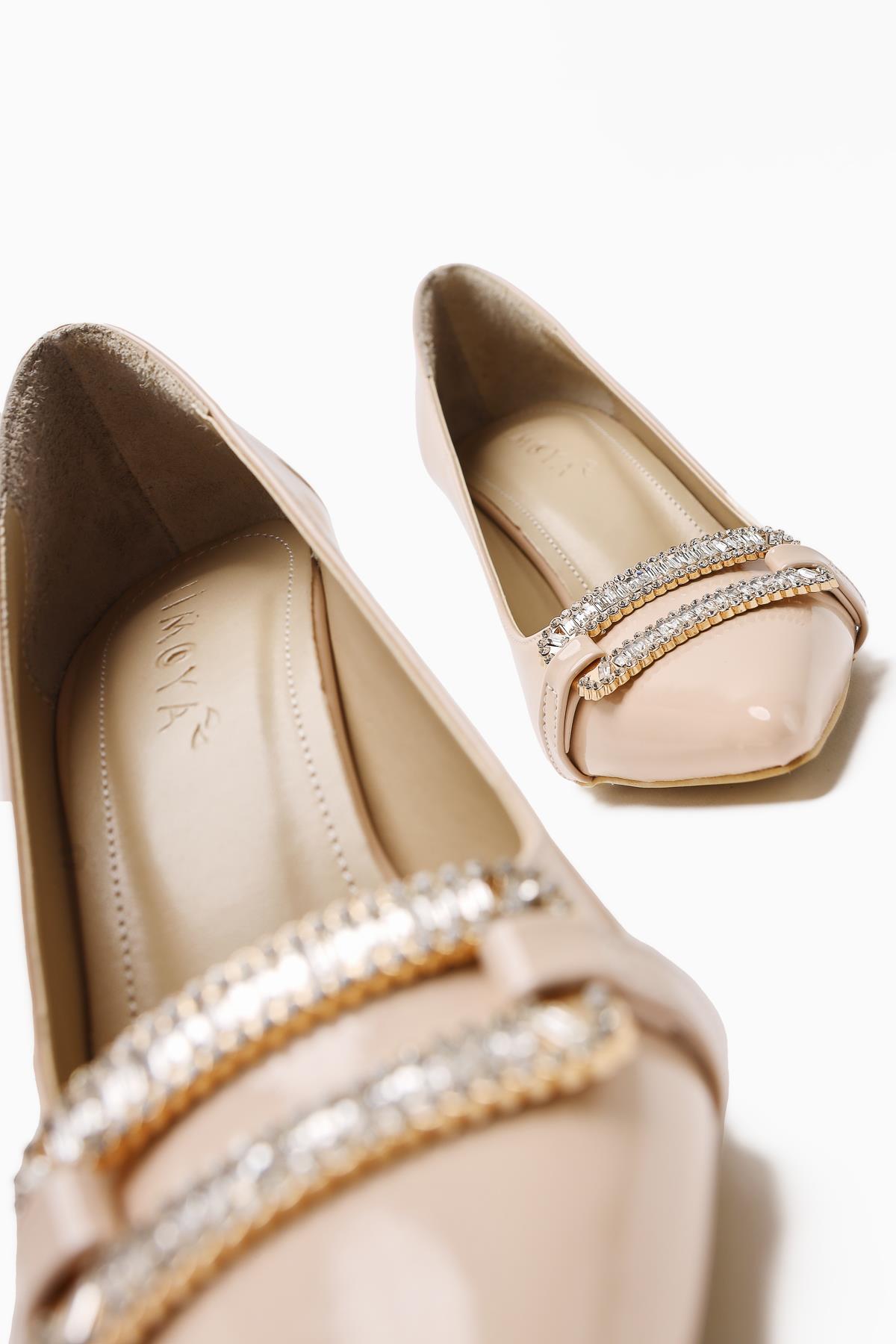 Ania Beige Patent Leather Pointed Toe Heels with Jewel Buckle Detail