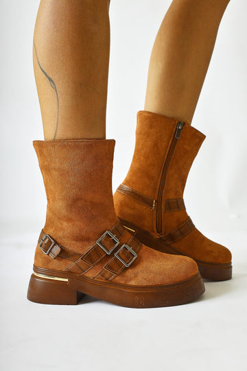 Mieke – Cognac Suede Double-Strap Zippered Boot (Women)