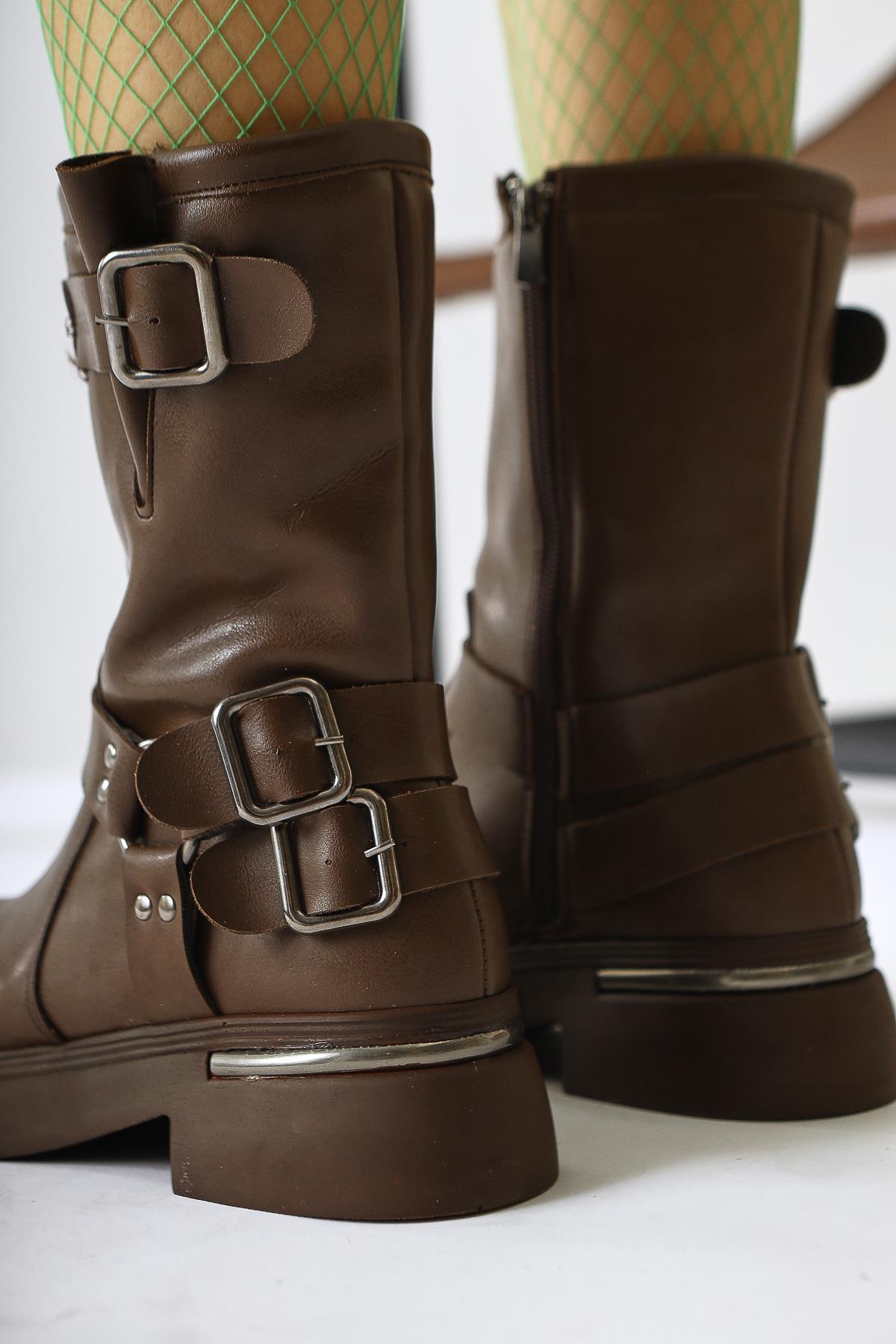 Joann – Brown Buckle-Detail Biker Boot (Women)