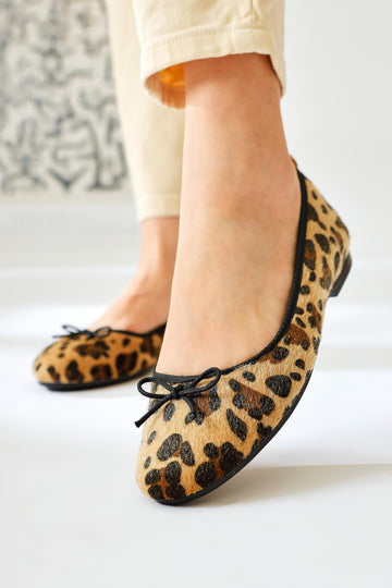 Sille Leopard Print Furry Bow Detail Ballet Flats