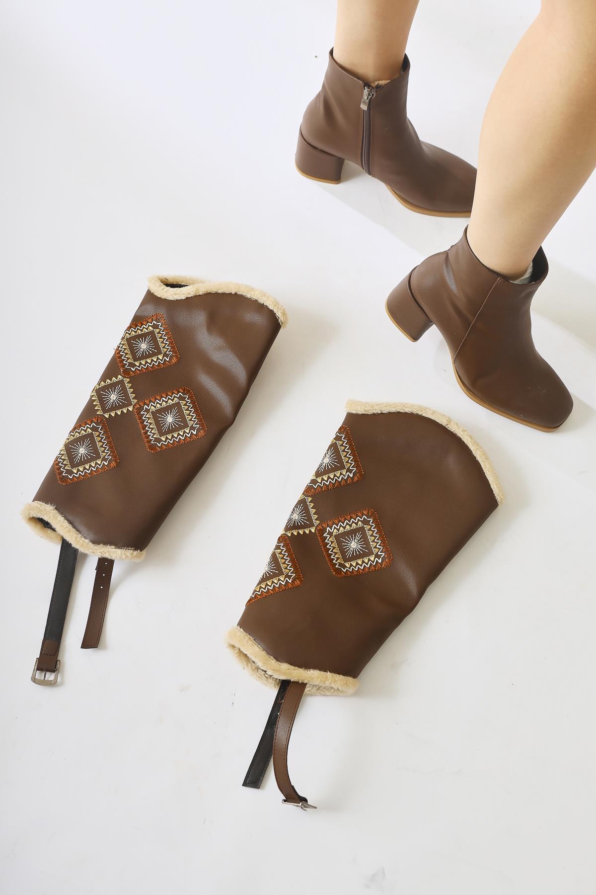 Hilka Brown Removable Shaft Ethnic Patterned Boot-Bootie