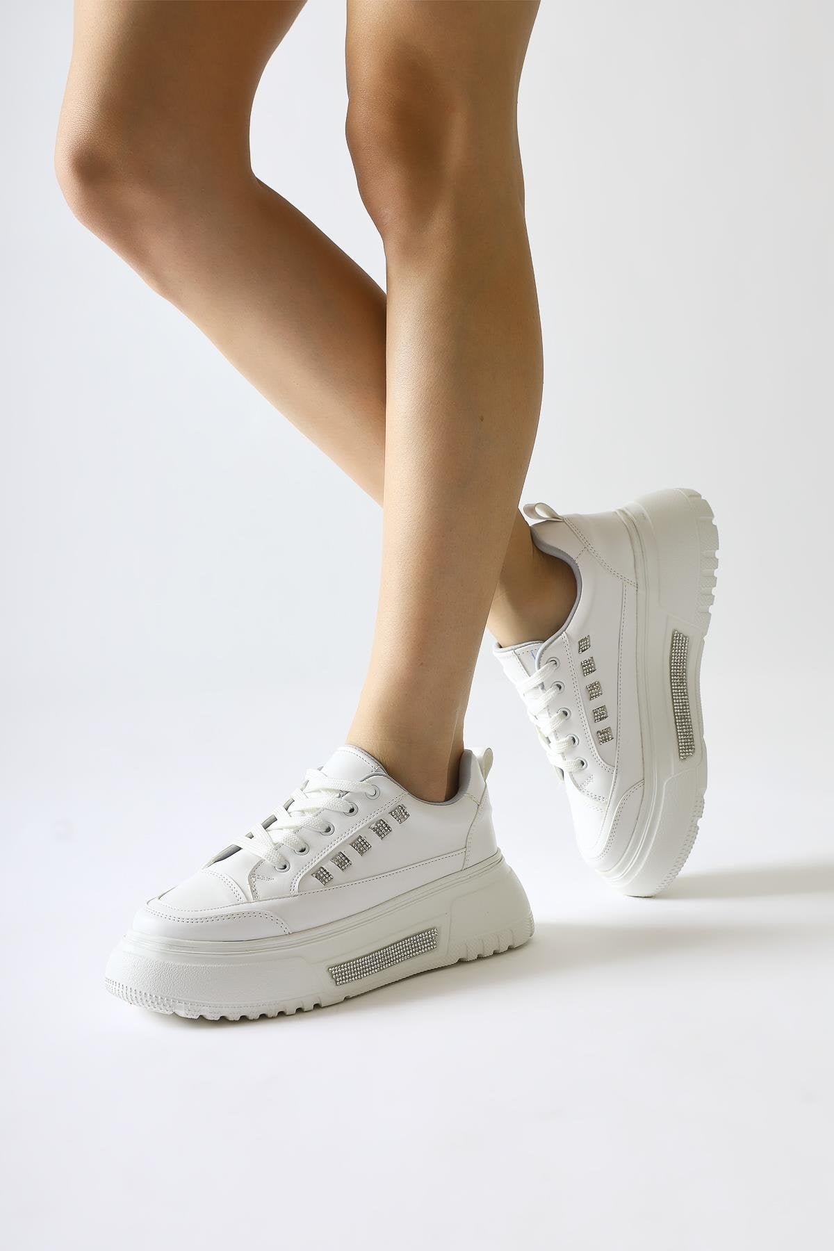 Tram White Thick Sole Stone Detailed Lace-up Sneakers