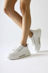 Tram White Thick Sole Stone Detailed Women’s Sneakers